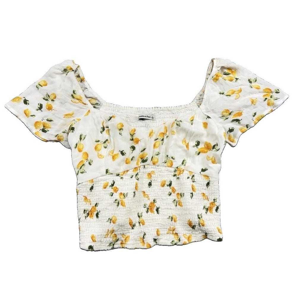 Abercrombie & Fitch Lemon Print Smocked Crop Top Size L Boho Preppy Coquette